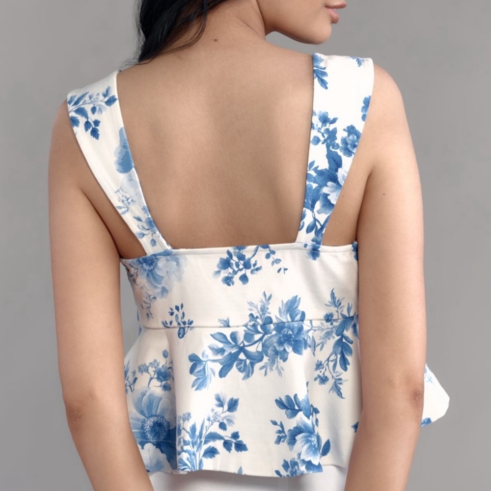 Anthropologie: Maeve NWT Floral Blue and White Peplum Top Size Medium - Picture 4 of 11